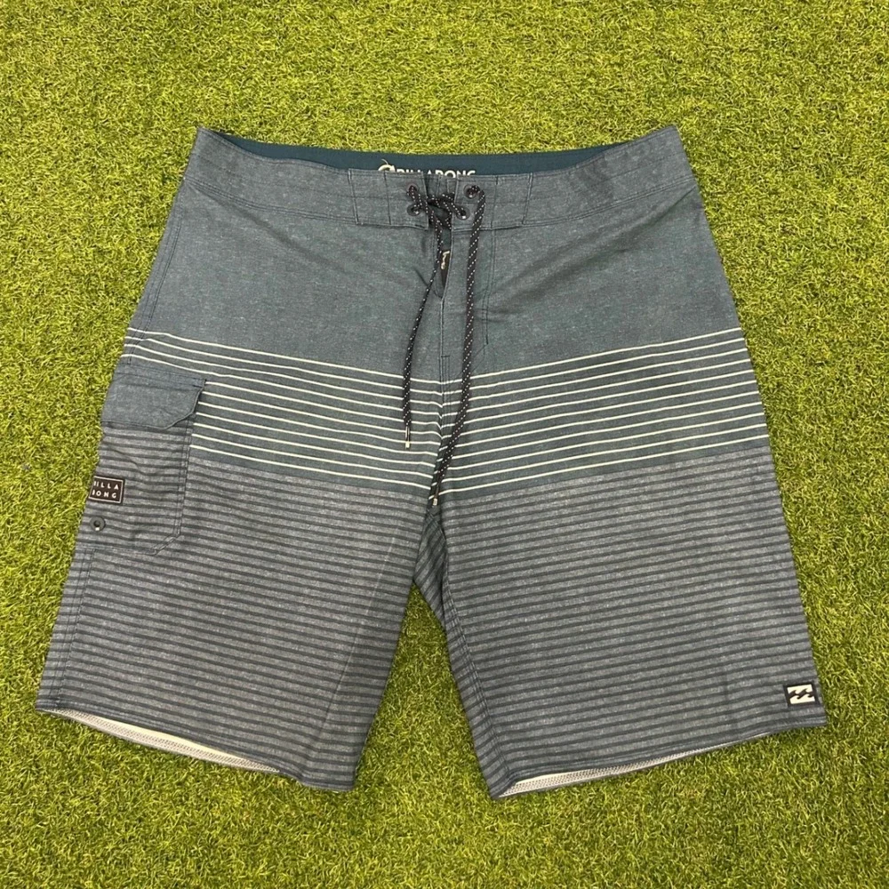 Billabong Mens Board Shorts Teal Grey Striped Cargo Pocket Swim Trunks Size 32